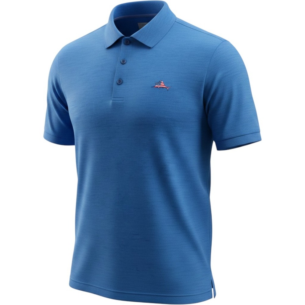 Ocean + Coast Polo Shirt Mens Medium Blue Excellent Marlin American Flag Graphic